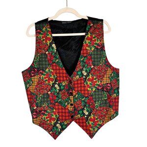 Retro Patchwork Holiday Festive Vest L Red Christmas Preppy Colorful Classic 80s